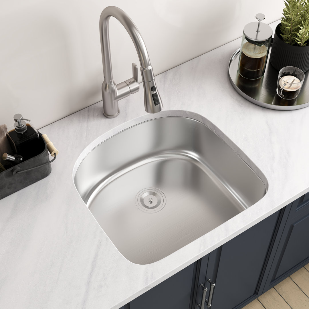 Classic Premium Single Series Blenzia 23 Inch Undermount Kitchen Sink D Shape 18 Gauge Stainless Steel Curved Single Bowl Sinks With Strainer 23" X 21" X 9"